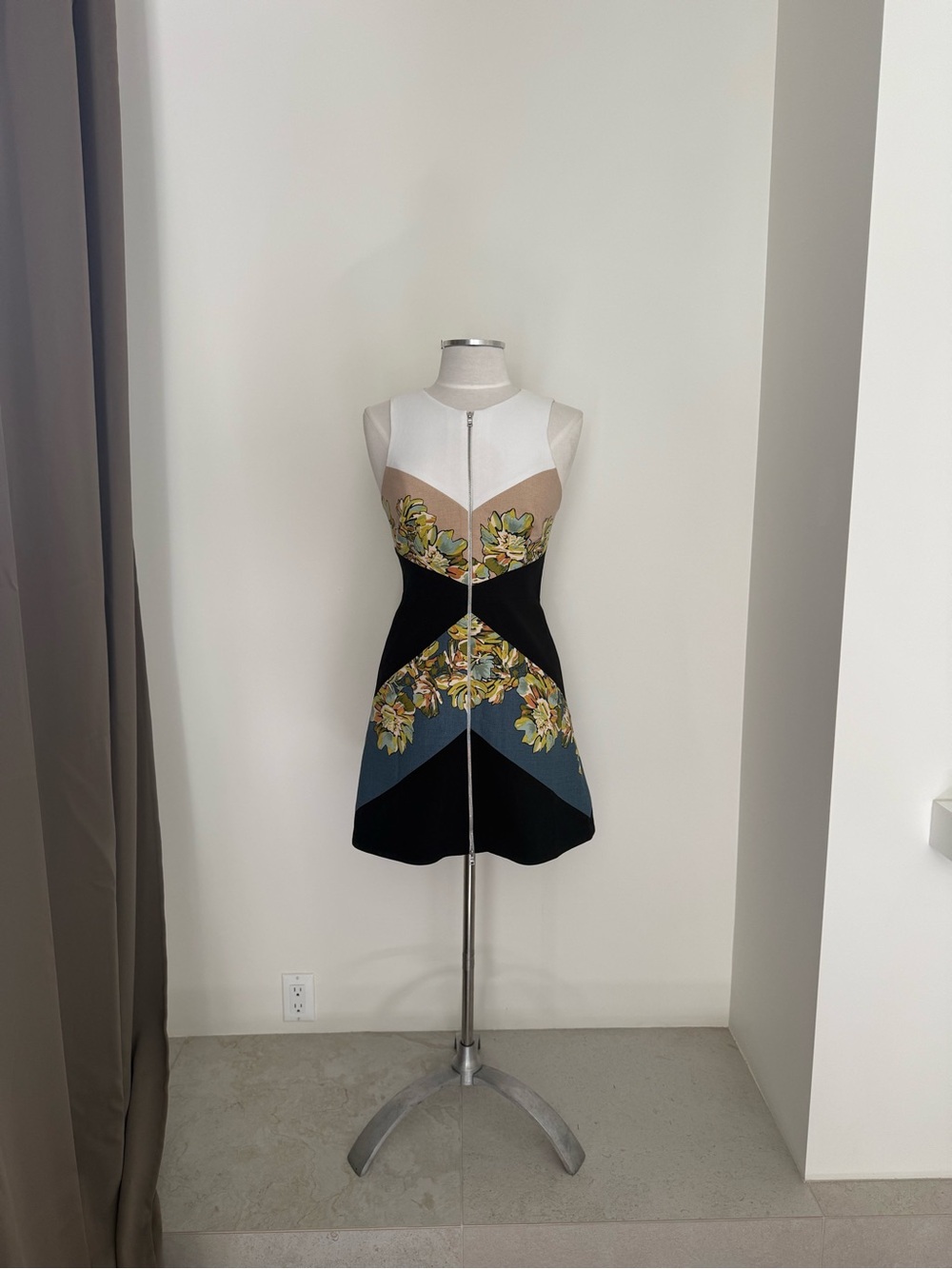 BCBGMaxAzria Colorblock Floral Fit-and-Flare Dress in White, Tan, Black & Blue